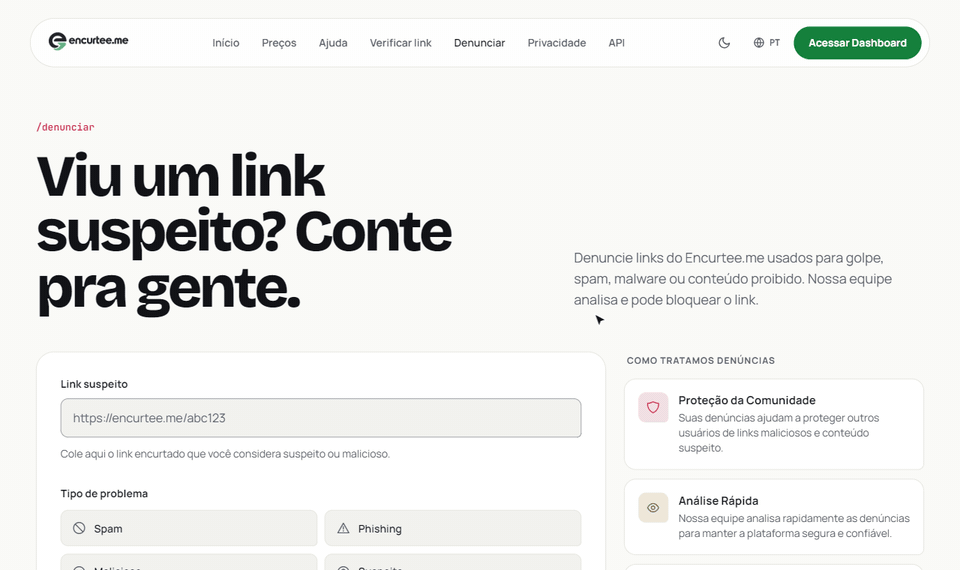 Formulário de denúncia preenchido, até o botão Enviar denúncia