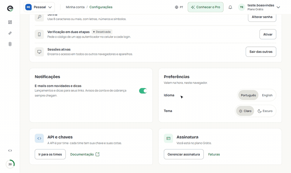 Ativação da verificação em duas etapas: aviso, confirmação e QR code
