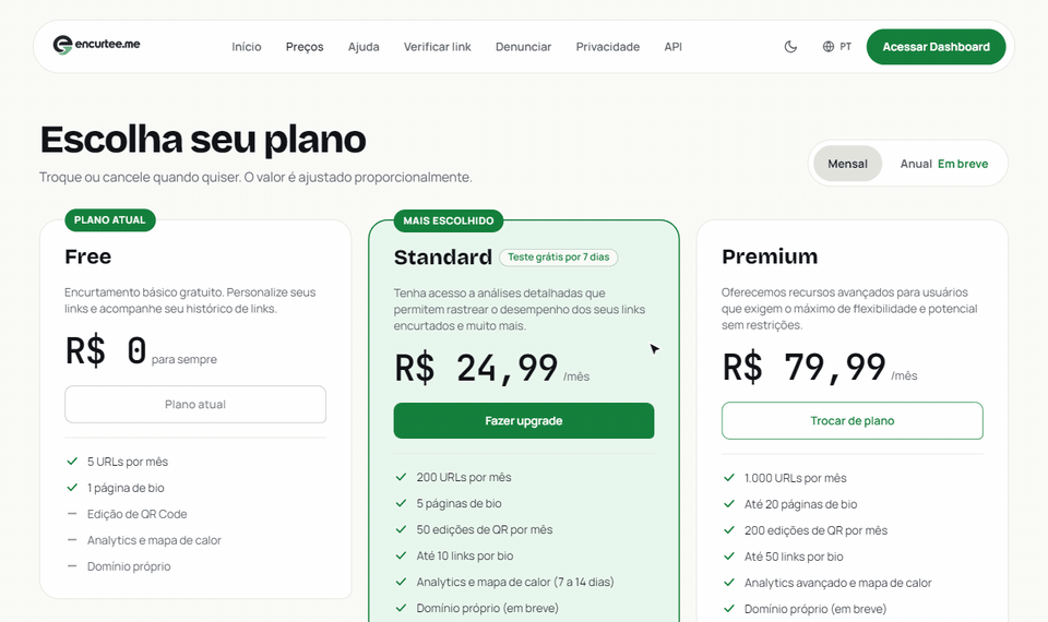 Página Planos com os cartões dos planos e a tabela Compare os planos