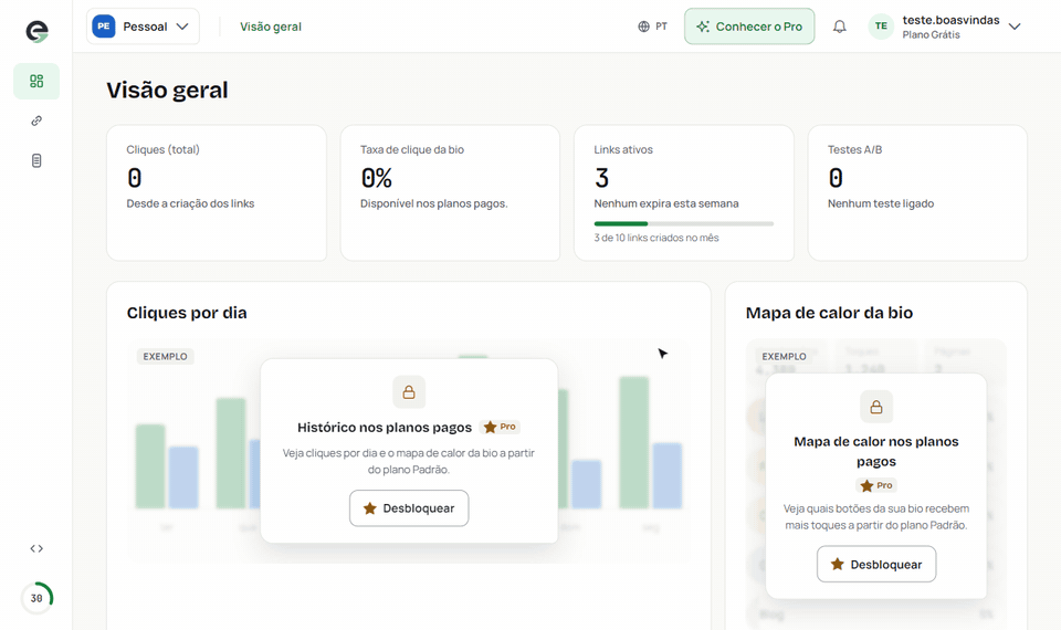 Página Planos com o selo Teste grátis por 7 dias no plano Padrão