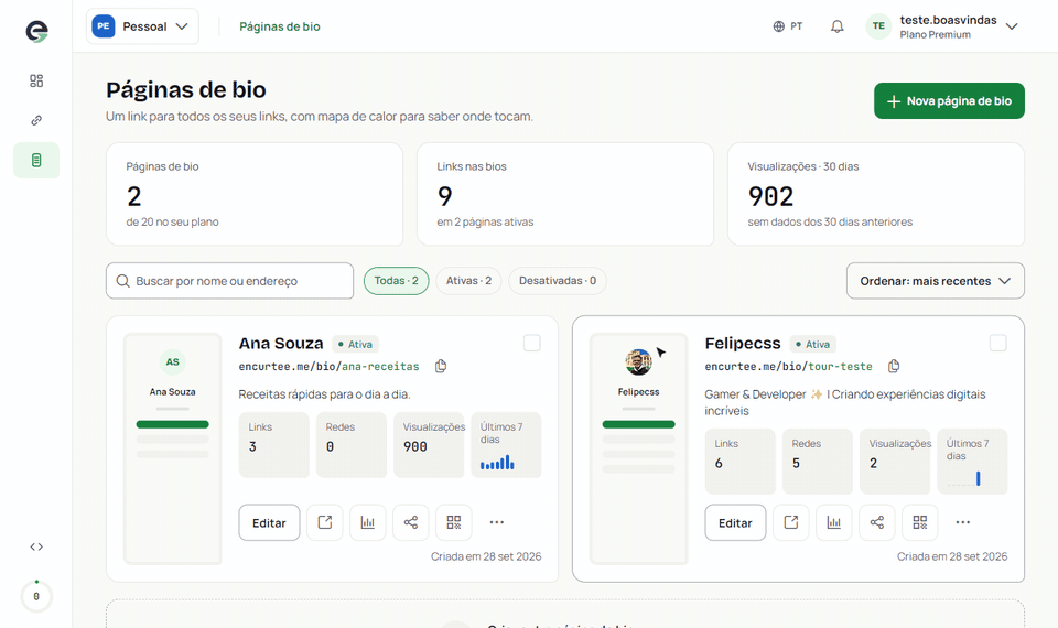 Abrindo o analytics da página de bio a partir da lista