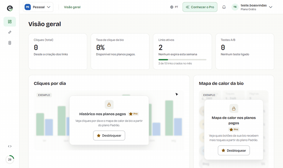 O menu lateral se abre ao passar o mouse, e o menu da conta fica no canto superior direito