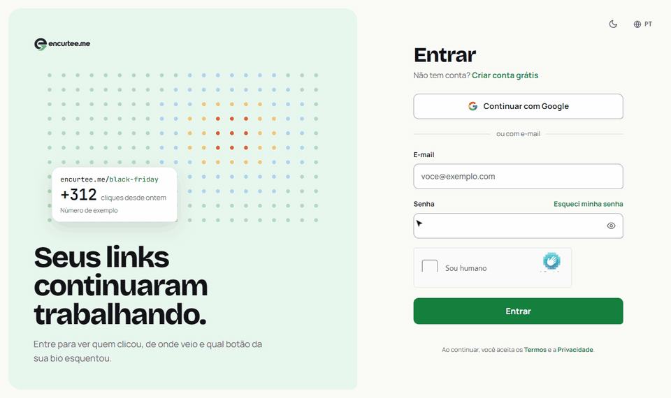 Login com e-mail e senha, passando pelo link Esqueci minha senha
