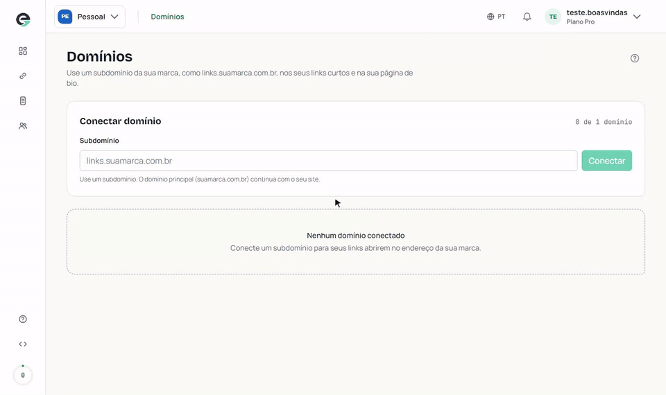 Tela Domínios: o subdomínio é digitado, o botão Conectar é clicado e aparece o registro CNAME a criar
