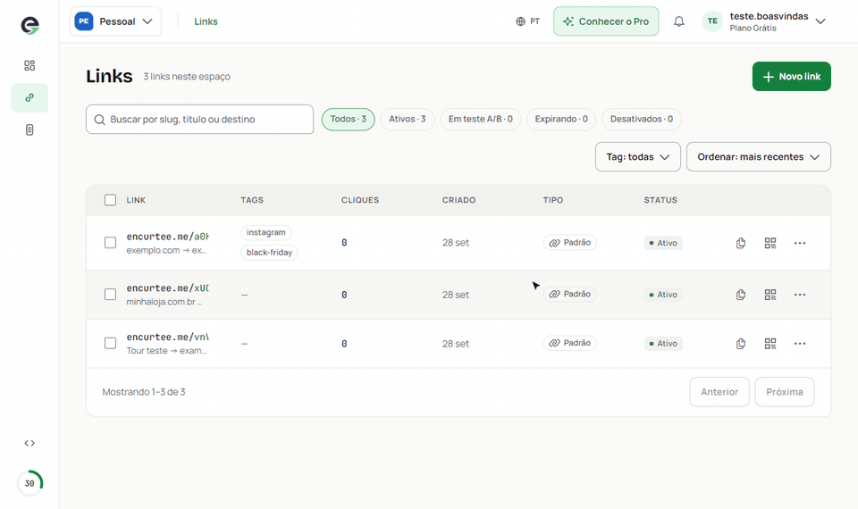 Desativando e ativando um link pelo menu Mais ações da lista